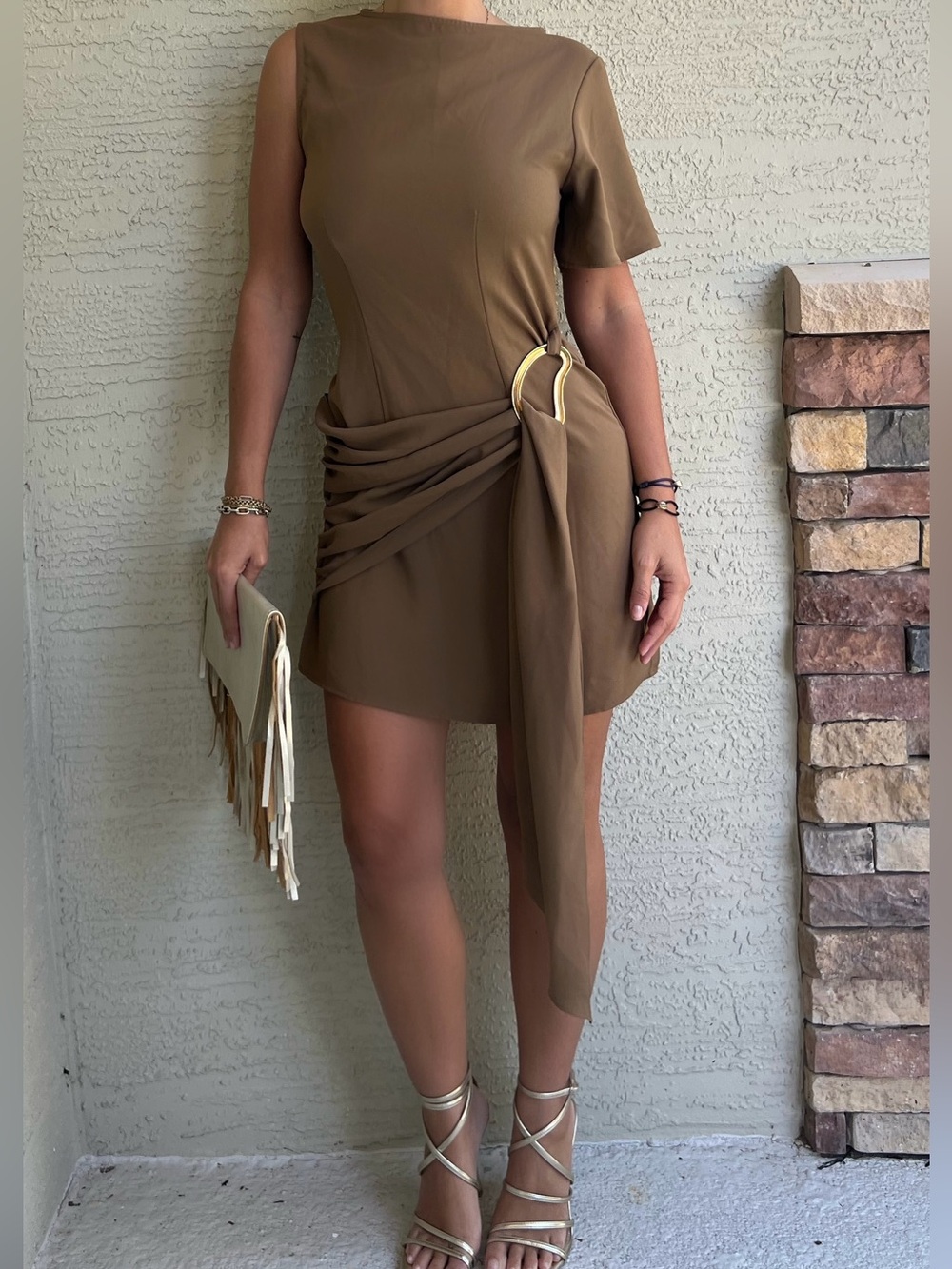 Asos structured high neck drape waist metal hardware detail mini dress